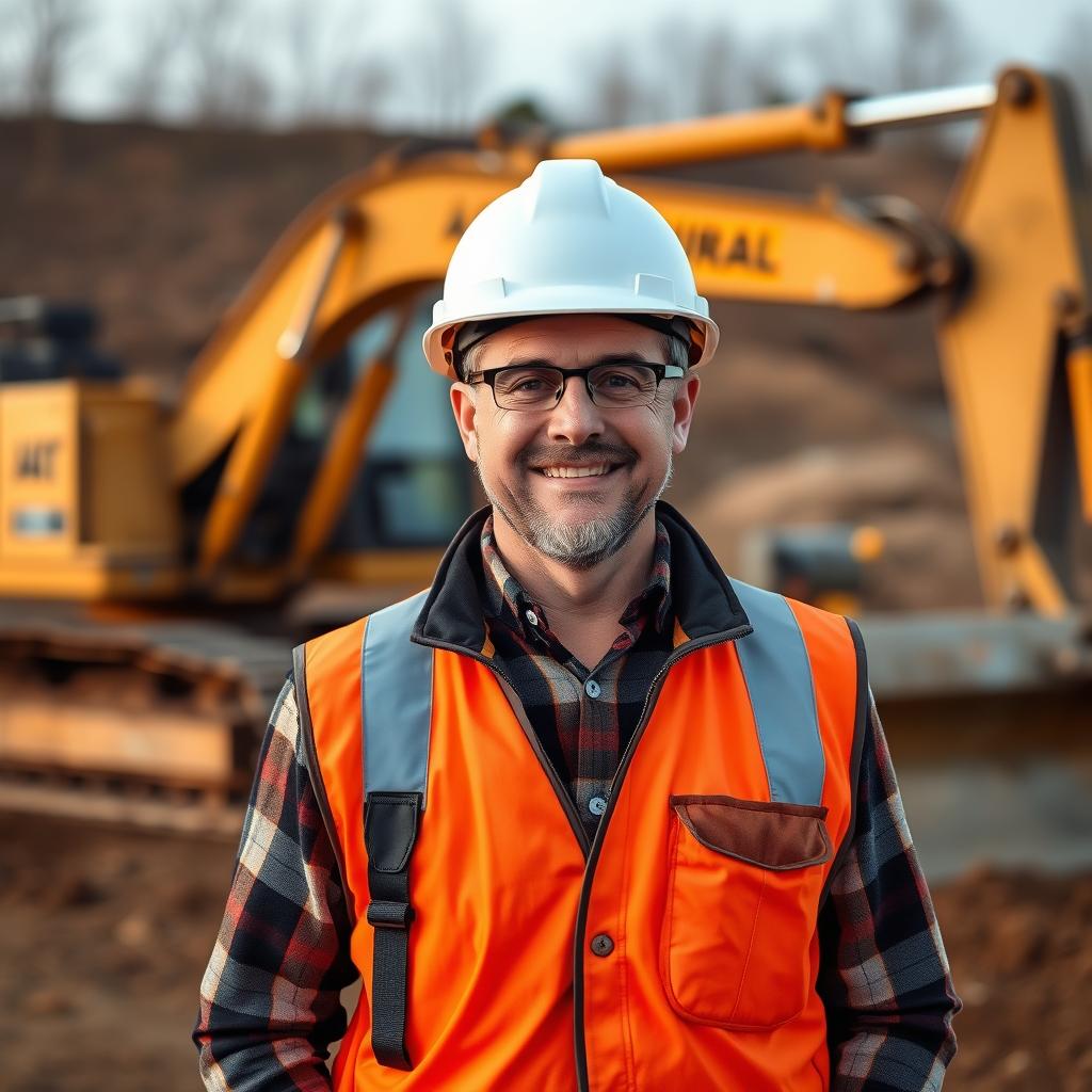 A grading contractor owner on a dirt-work job site with an excavator and scraper fleet